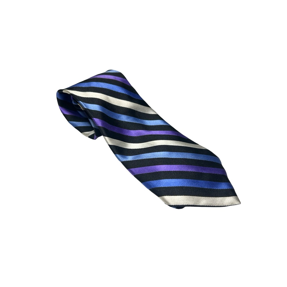 Chaps Mens Silk Necktie Blue Purple Black Silver Striped Handmade Tie